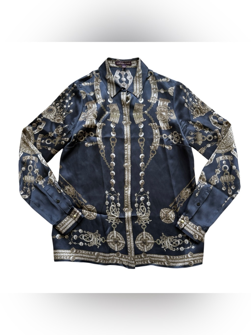 Marchesa Voyage Silk Blouse Sz 4 Baroque Jewelry Chain Scarf Print Designer Top
